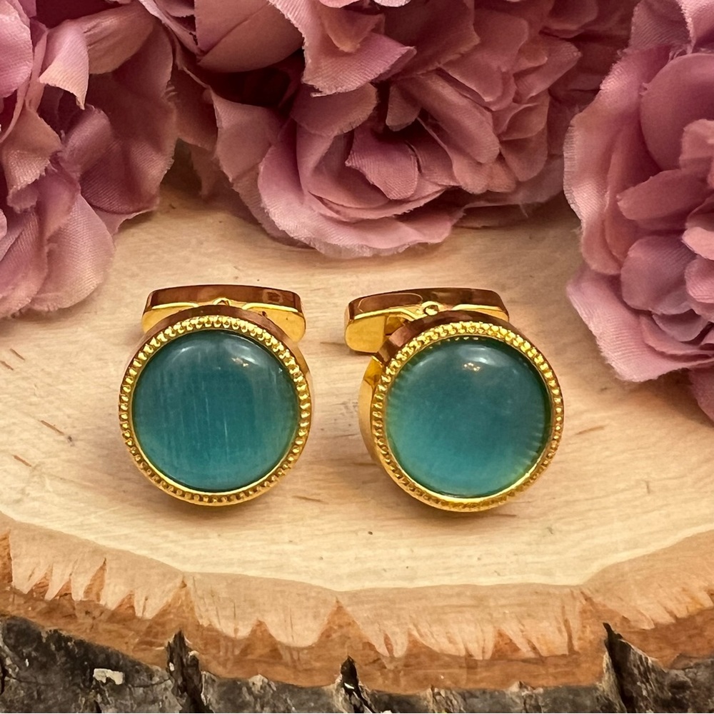 Elegant Round Caribbean Blue Aquamarine Cufflinks - Picture 6 of 16